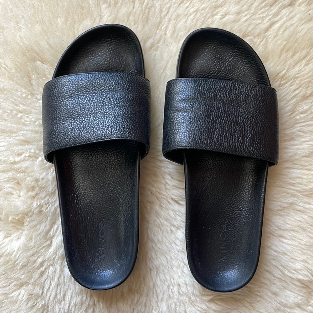EUC Vince black leather slides